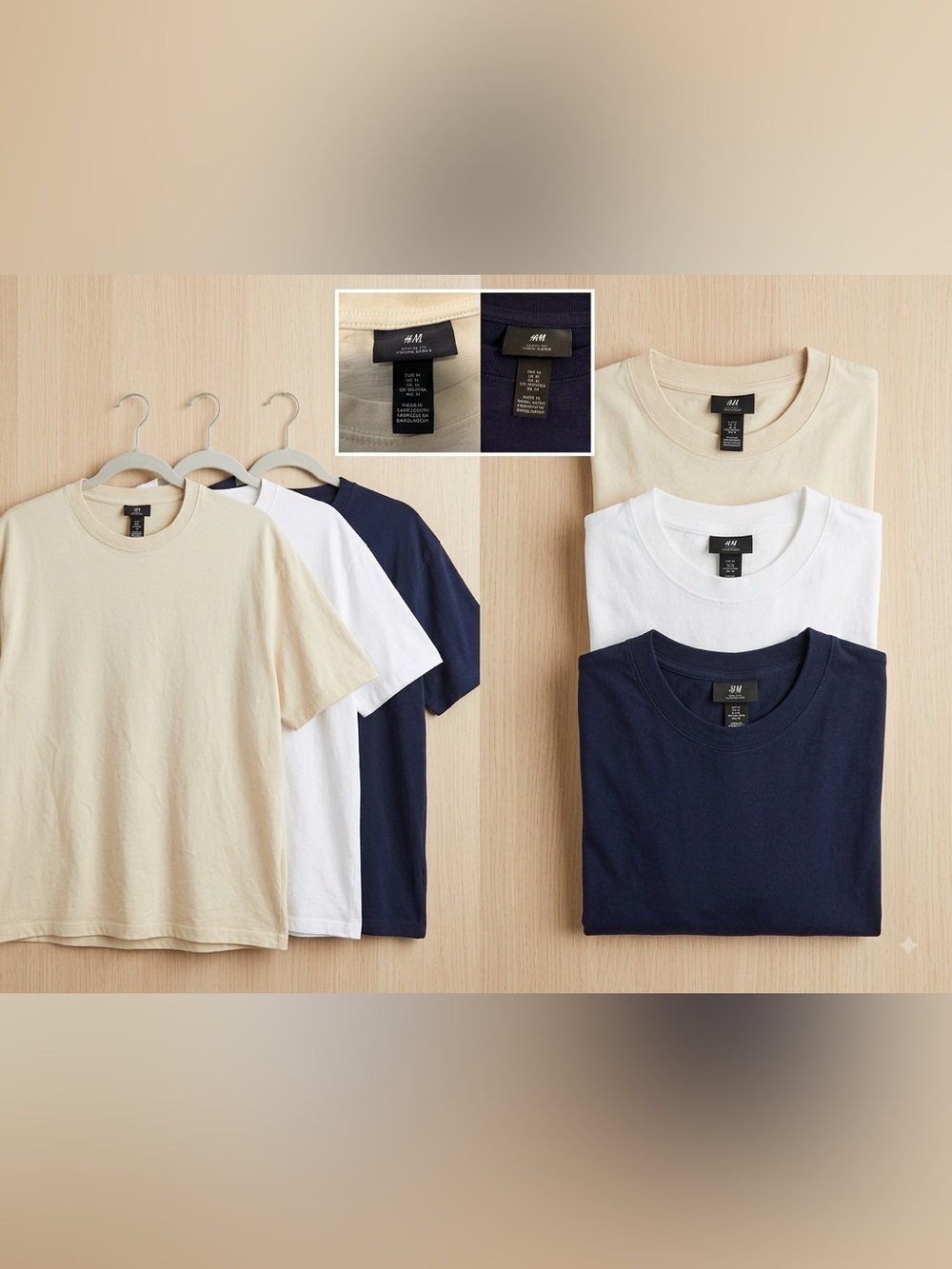 H&M Set of 3 Basics Tees (Beige, White, Navy) - 100% Cotton